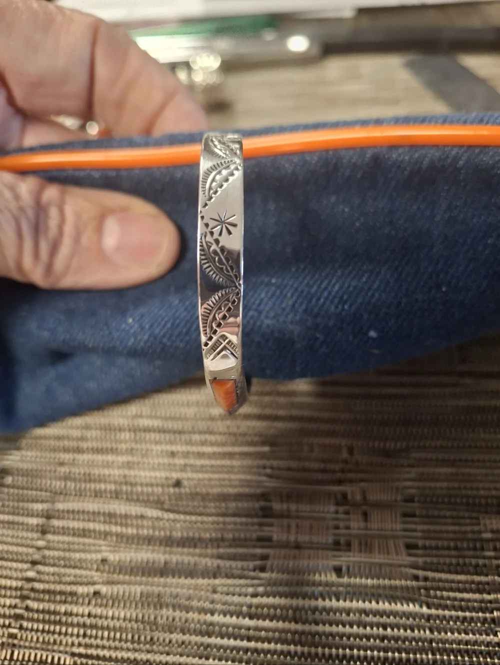 Navajo Sterling Silver Multicolor Inlay Cuff Bracelet - Orange Accent - Picture 2 of 4